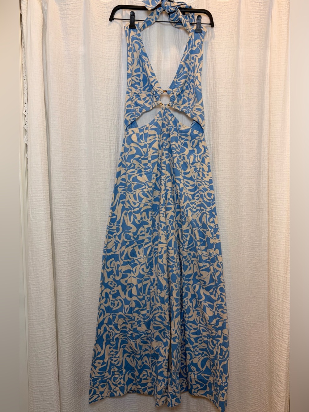 Free People Kira Wide Leg Jumpsuit Blue Beige Cutout Halter Boho